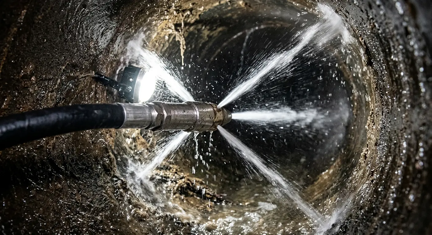 High-pressure hydro jetting nozzle cleaning sewer pipe for Sewer Cleanout in Lago Vista