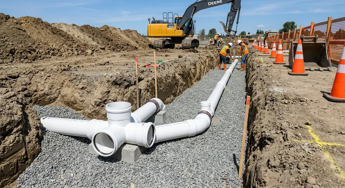 New PVC sewer pipe installation in open trench for Commercial Drain Cleaning in Lago Vista