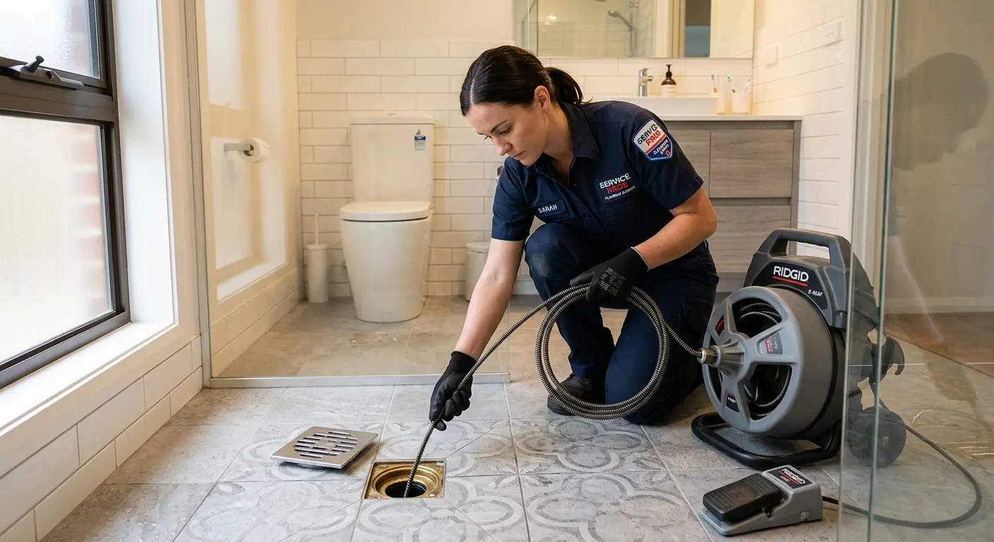 Technician clearing a bathroom floor drain for Hydro Jetting in Lago Vista